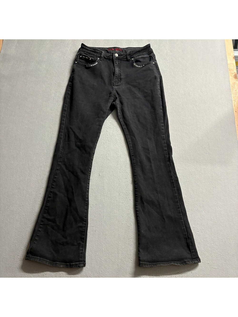 Love You Jeans Womens 13/14 Black Embroidered Rhinestone Pocket Bootcut Stretch